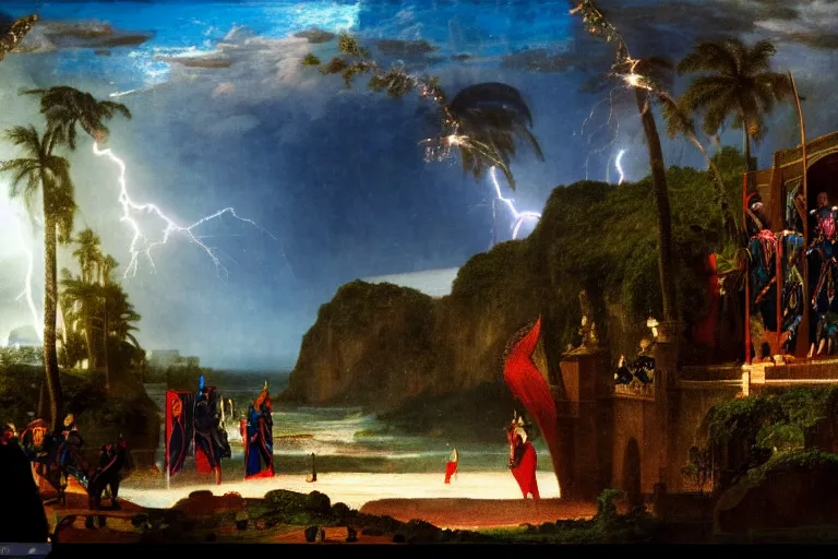 Prompt: Knight leaving the palace through the bridge, refracted sparkles, thunderstorm, beach and Tropical vegetation on the background major arcana sky and symbols, by paul delaroche, hyperrealistic 4k uhd, award-winning, very detailed paradise