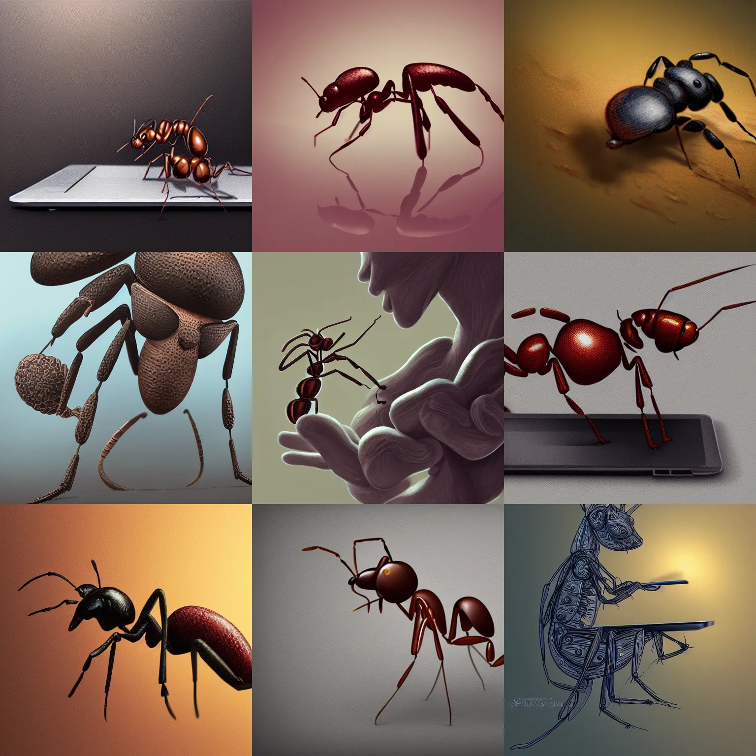 Prompt: an ant holding a laptop, intricate, highly detailed, digital painting, artstation, concept art, smooth, sharp focus, illustration, vfx