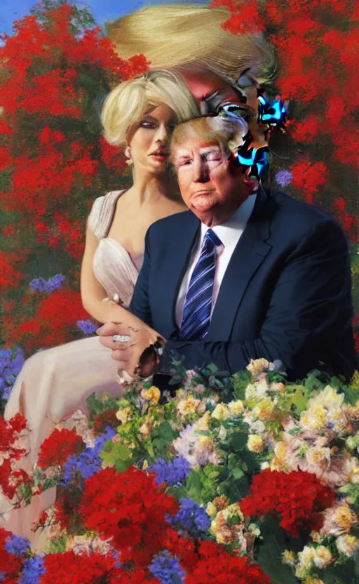 Image similar to romantic portrait of donald trump in an elegant dress surrounded by beautiful flowers, by gregory manchess, james gurney, james jean, realistic, photo, 8 k