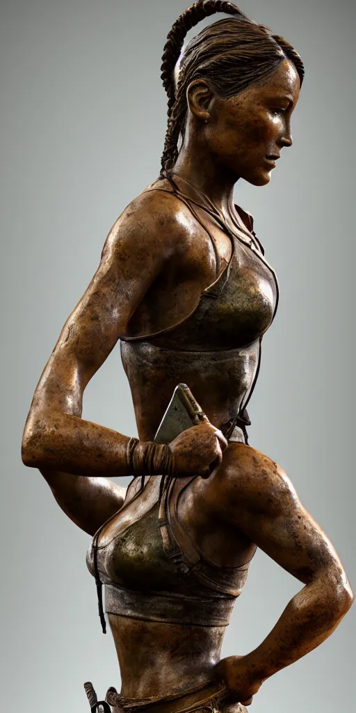 Image similar to detailed photo of an old bronze patina statue of beautiful lara croft, full body portrait, photorealism, intricate detail, museum diffuse lighting