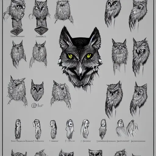 Prompt: mixture between an! owl and wolf, character reference sheet, featured on artstation