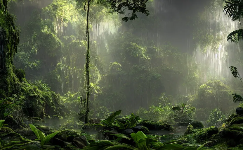 Image similar to a beautiful render of a dark prehistoric rainforest in a humongous cave, lush flora, patches of yellowish - red - magenta sky, sunset lighting, fireflies, floating mountains and a waterfall in the background, intricate detail, hazy, humid, volumetric lighting, god rays, 8 k, photorealistic, raytracing effects, unreal engine 5