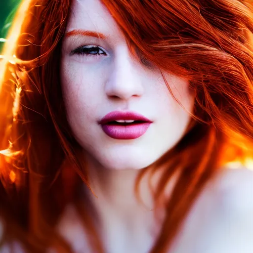 Prompt: beautiful redhead woman, Photography, backlight, Portrait, 35mm, Closeup