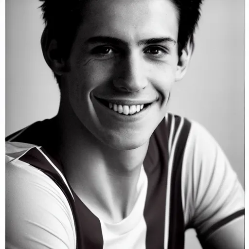 Image similar to photographic portrait by Annie Leibovitz of a young white male smiling with short brown hair that sticks up in the front, dark eyes, groomed eyebrows, tapered hairline, sharp jawline, wearing a purple white volleyball jersey, sigma 85mm f/1.4, 15mm, 35mm, 4k, high resolution, 4k, 8k, hd, full color