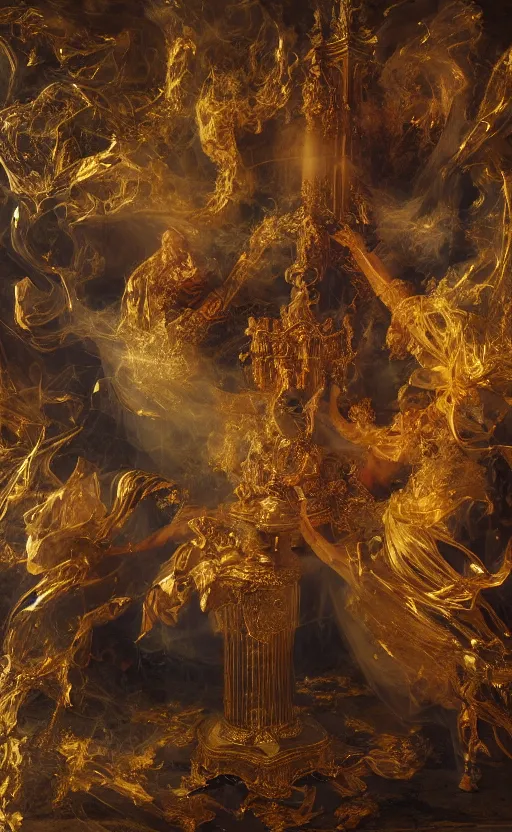 Image similar to 'Deamons Invade The Holy See' by István Sándorfi royally decorated, whirling smoke, embers, gold encrustations , gilt silk torn fabric, radiant colors, fantasy, perfect lighting, studio lit, micro details,