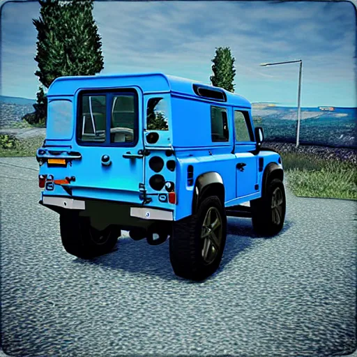 Image similar to “Blue Land Rover Defender. In the style of GTA 5.”