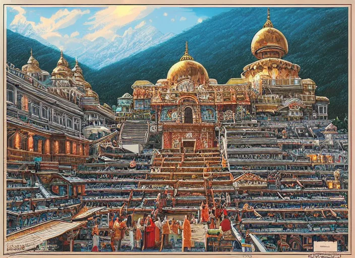 Image similar to A beautiful and detailed illustration of the Badrinath Temple, immaculate scale, trending on Artstation, illustrated by Dan Mumford, illustration