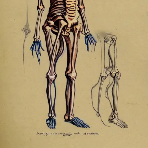 Prompt: vintage, detailed, colored sketch of woman with 3 arms anatomy, full body, skeleton, with full descriptions, on parchment