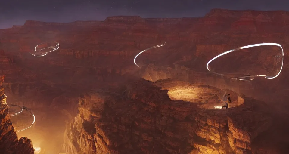 Image similar to night, a lot of people and a spiral - shaped white luminous attractor is floating in grand canyon, concept art, art for the game, professional lighting, art