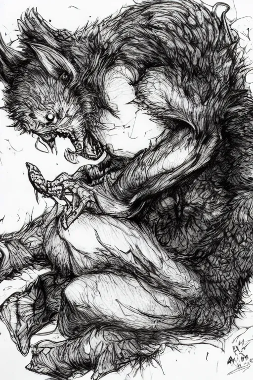 Image similar to A cute baby werewolf eating , pen and ink, intricate line drawings, by Yoshitaka Amano, Ruan Jia, Kentaro Miura, Artgerm, watercolor