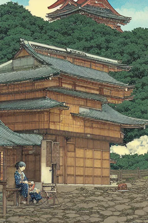 Prompt: beautiful anime illustration of a rural japanese home, by moebius, masamune shirow and katsuhiro otomo