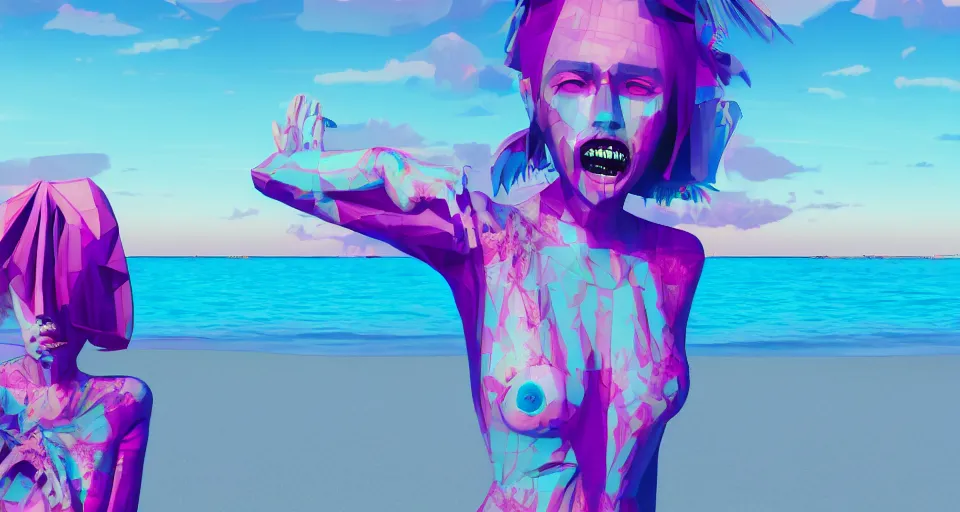 Image similar to fullbody vaporwave art of a fashionable zombie girl at a beach, early 90s cg, 3d render, 80s outrun, low poly, from Hotline Miami