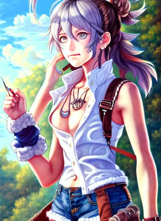 Prompt: a portrait of catgirl wearing white vest, and denim shorts an ultrafine detailed painting, detailed painting, beatyfull eyes, octopath traveler