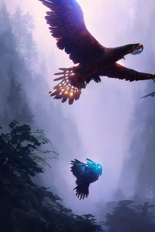 Image similar to cyborg eagle flying on a glowing forest, extremely detailed digital painting, in the style of fenghua zhong and ruan jia and jeremy lipking and peter mohrbacher, mystical colors, rim light, beautiful lighting, 8 k, stunning scene, raytracing, octane, trending on artstation