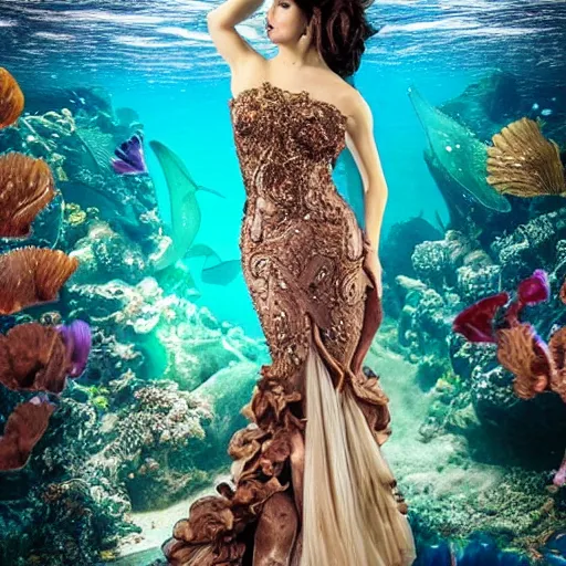 Image similar to mermaid , underwater , a stunning beautiful giorgia-era dress with brown long hair , abundant detail, flowers sprouting from the face