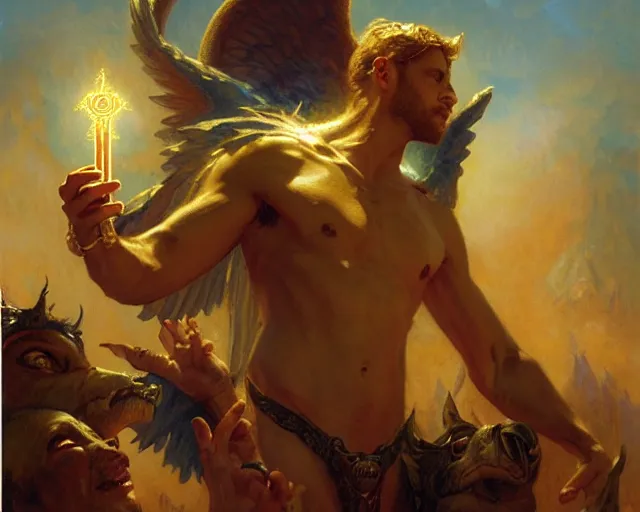 Prompt: attractive male deity, casting demonic magic, summoning handsome lucifer morning star. holy starburst. glossy highly detailed oil painting by gaston bussiere, craig mullins, j. c. leyendecker 8 k