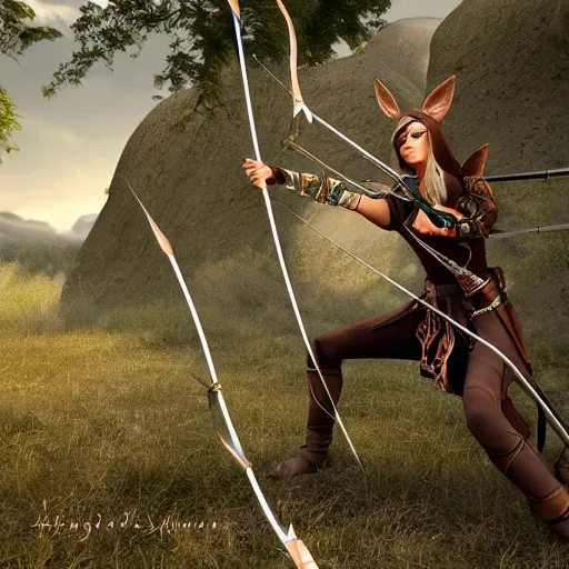 Image similar to elven archer, 3D, realistic, unreal engine, burning bow