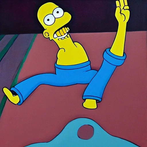 Prompt: a painting in the style of my dark beautiful twisted fantasy about homer simpson breakdancing, high quality