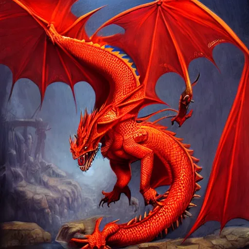 Prompt: a Red dragon in the style of Justin Gerard, realistic painting, Digital art, very detailed, High definition, trending on Artstation