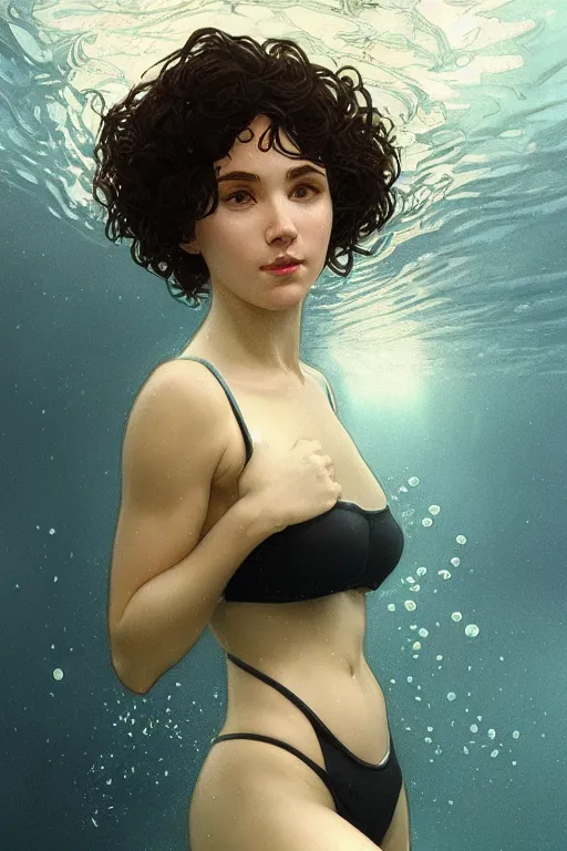 Image similar to beautiful cottagecore of a girl with short black curly hair, round face, cute face, wearing a bikini. Underwater. intricate, elegant. highly detailed, digital painting, artstation, concept art, smooth, sharp, focus, illustration. art by artgerm and greg rutkowski alphonse mucha and Marat Safin