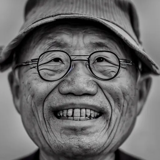 Prompt: a character portrait photo of a smiling old japanese man, hopeful, photojournalism, war photography, adobe, canon, nikon, flickr contest winner, neo-expressionism, art photography, busy background, hyperrealism, chiaroscuro, anamorphic lens flare, elegant, shallow depth of field, haze, volumetric lighting, photo taken with provia, 24mm, f1.8, by Filip Hodas, by Andrew Domachowski