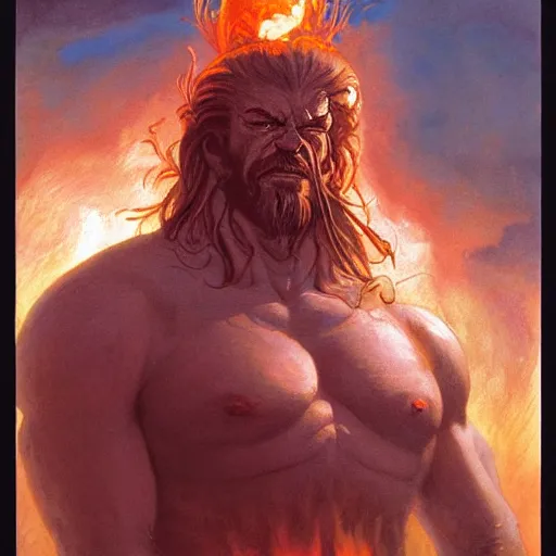 Prompt: head and shoulders portrait of a flamimg helmed fire giant, d & d, fantasy, greg rutkowski, frank frazetta, alexandre chaudret, boris vallejo, michael whelan, miro petrov, hr giger, magali villeneuve, donato giancola