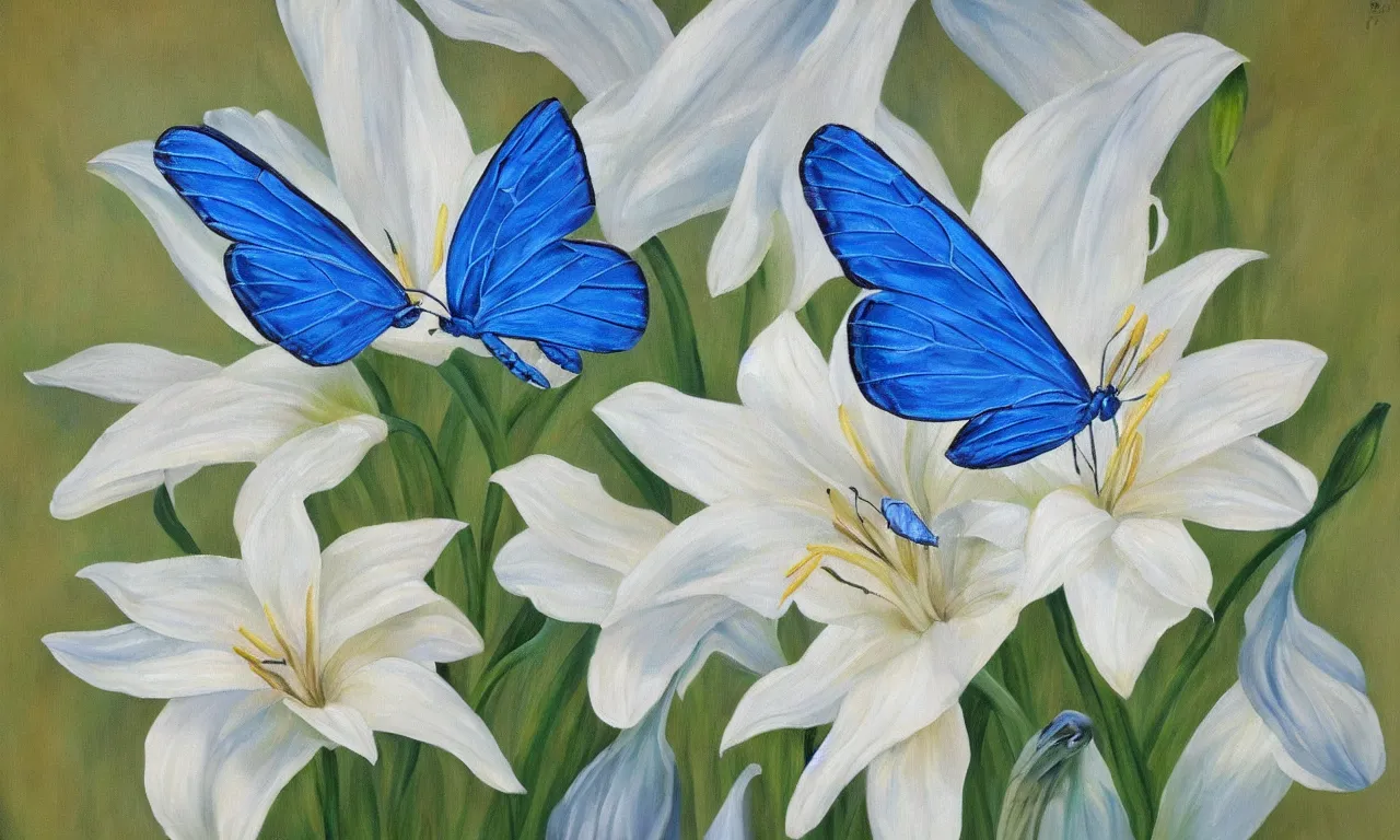 Prompt: an oil painting on canvas of a blue butterfly on white lily