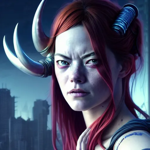 Prompt: portrait painting of a cyberpunk street samurai muscular emma stone with two big broken horns on her head, ultra realistic, concept art, intricate details, eerie, highly detailed, photorealistic, octane render, 8 k, unreal engine. art by artgerm and greg rutkowski and charlie bowater and magali villeneuve and alphonse mucha