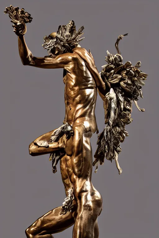 Prompt: Jean-Michel Basquiat as a full-body bronze baroque statue of Icarus in the posing like a bird for flight, crown of peach roses, flowing pink-colored silk, fabric, flowers. baroque elements, human skull. full-length view. baroque element. intricate artwork by caravaggio. many many birds birds on background. Trending on artstation, octane render, cinematic lighting from the right, hyper realism, octane render, 8k, depth of field, 3D