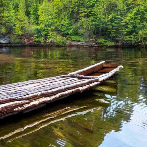 Prompt: primitive wooden dock on a lake coast with primitive rowboats docked at it, bushcraft, made of logs