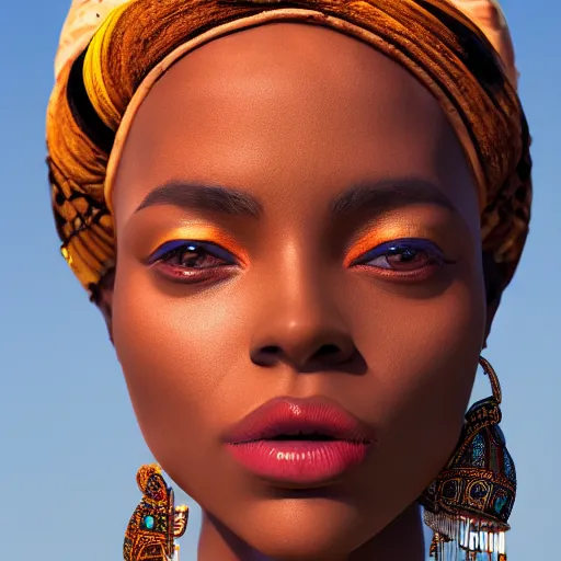 Prompt: scenic view of an African goddess, with bone necklace and honey eyes, wrapped stained clothes, full body, reflecting the sunlight in half of her face, photorealistic, 8k