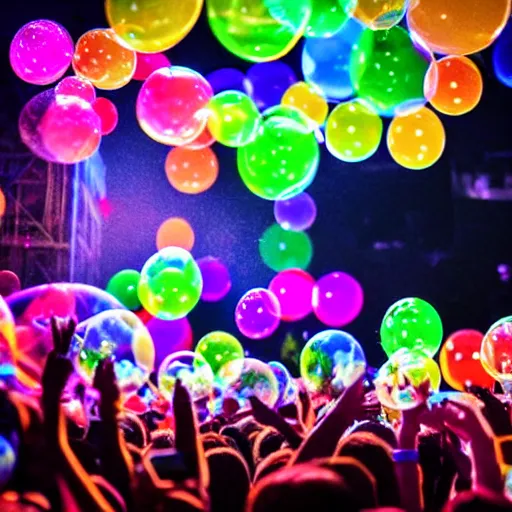 Prompt: concert photography where fans are all in plastic bubbles hyper realistic colorful light