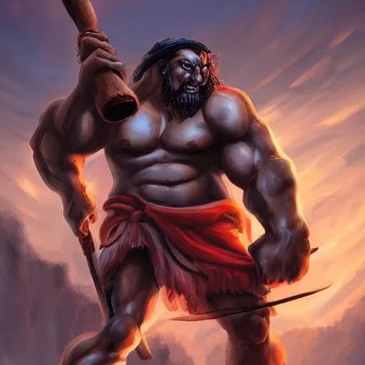 Prompt: Kaido the beast digital painting, giant muscular body, holding giant wooden club, dramatic lighting, highly detailed, concept art