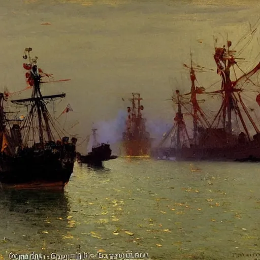 Prompt: british ships fire at the port of Lagos, 1905, brightly coloured oil on canvas, by ilya repin