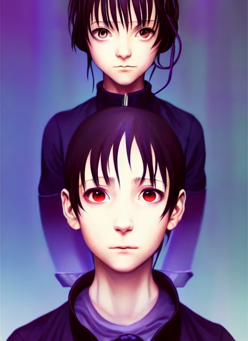 Image similar to a beautiful portrait painting of lain from serial experiments : lain. character design by shinji aramaki, charlie bowater, ross tran, artgerm, and makoto shinkai