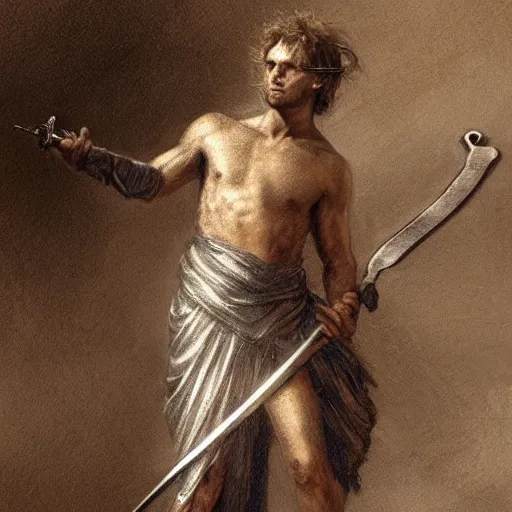 Image similar to artstation concept of a Young man with a bare upper body holding a sword in both hand, silver, shiny colorful, hyperdetailed, artstation trending, world renowned artists, worth1000.com, historic artworks society, antique renewel, cgsociety, by greg rutkowski, by Gustave Dore, Deviantart