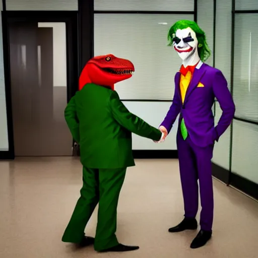 Image similar to professional photograph of the joker shaking hands with a suit-wearing anthropomorphic T-Rex in an office building, detailed, 8k,