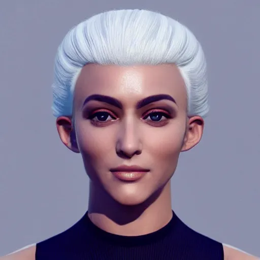 Image similar to “These 3D portraits are unbelievably incerdibly realistic. unreal engine 5. nvidia hairworks. RTX. portrait of Gorgeous girl with white hair and perfect face. futuristic. In bodysuit. very high detailed. By Charli Amani. ultra by Vishwesh Taskar By Bobbang. perfect facial detail, beautiful, elegant. Portrait