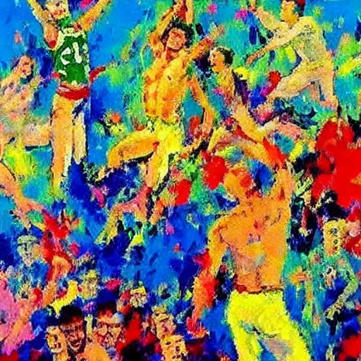 Image similar to a leroy neiman painting when he was deeply schizophrenic and had hand tremors