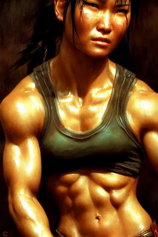 Image similar to muscular sweat chinese lara croft, exhausted face close up, highly detailed painting by gaston bussiere, craig mullins, j. c. leyendecker 8 k