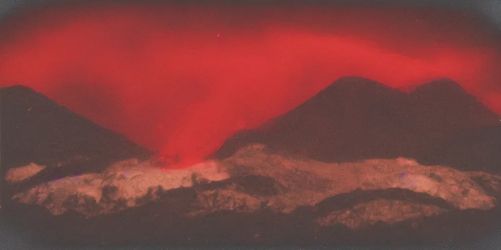 Image similar to polaroid photo of a vulcanic eruption, bright red lava, mountains in the background, clouds in the sky, a lot of smoke