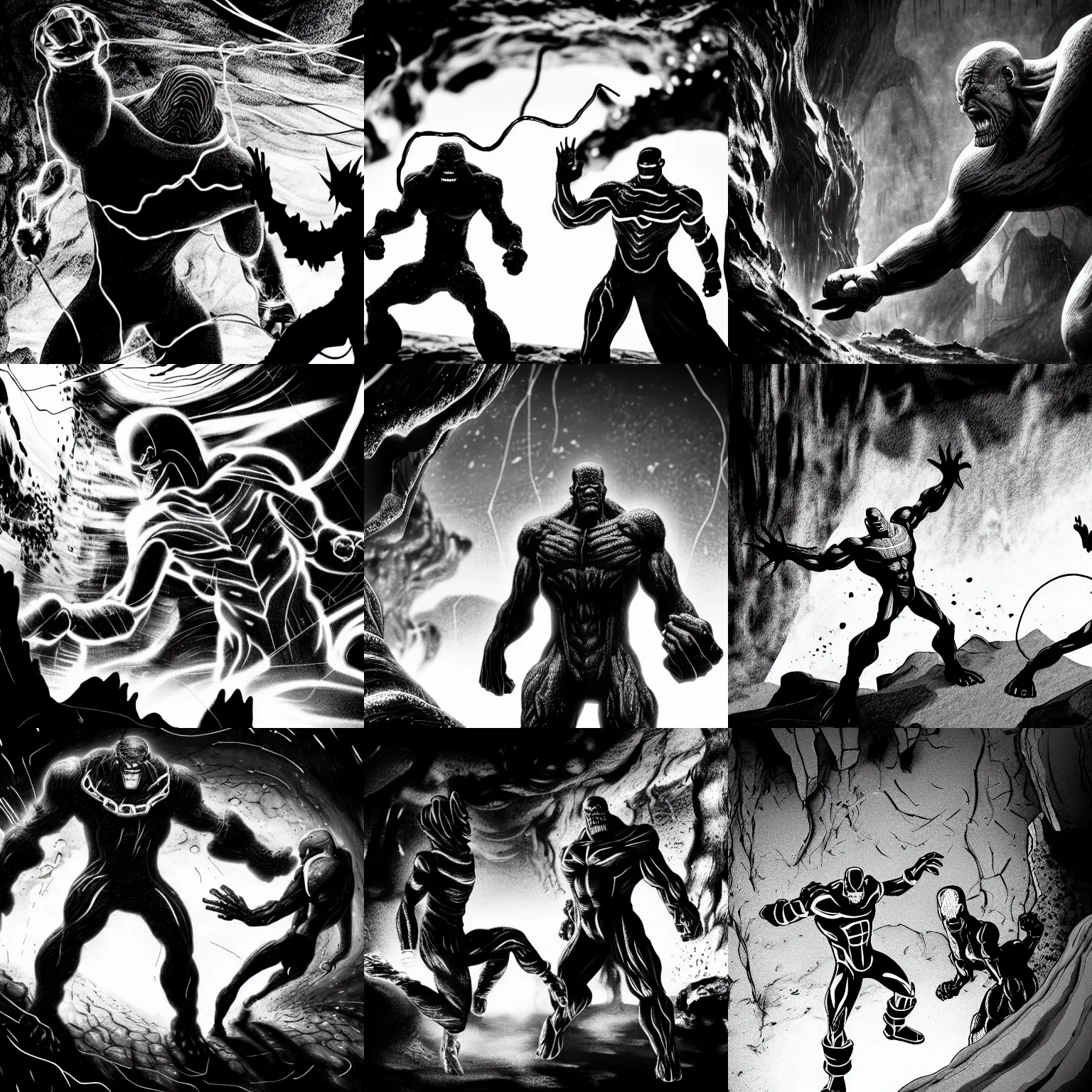 Prompt: black and white thanos fight with the thanos in a cave, by tsutomu nihei, black and white, old cave with slime and wires blur background, cinematic, perspective, realistic