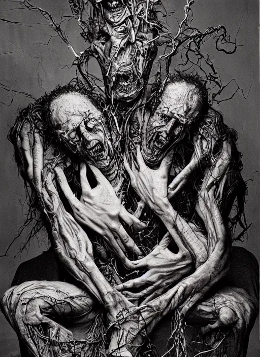 Image similar to stunning bernie wrightson photograph of experimental surgery of a man sewn together to another man with multiple heads multiple arms grotesque twisted vein covered splotchy skin of despair, painful merging of bodies disgusted siamese horror conjoined psychotic painful people award winning style photography