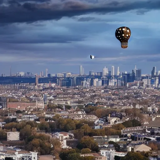 Prompt: blimp. over a city with a picture of a cow