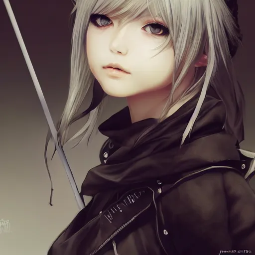 Image similar to yorha no. 2 type a holding a stick, painting, by justine florentino, fantasy art, photo realistic, dynamic lighting, artstation, poster, volumetric lighting, very detailed face, 8 k, award winning