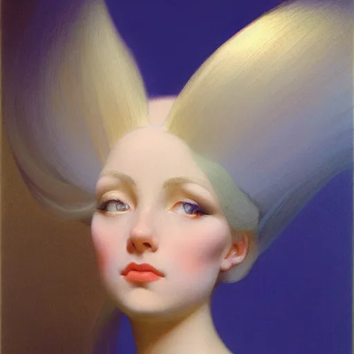 Prompt: young woman's face, her hair is white and she wears a cobalt blue duchesse satin cloak, by syd mead and moebius and roger dean and gaston bussiere and ivan aivazovsky and willem claesz and pieter claesz and paul delaroche and alma tadema and aelbert cuyp, hyperrealistic, volumetric light, octane