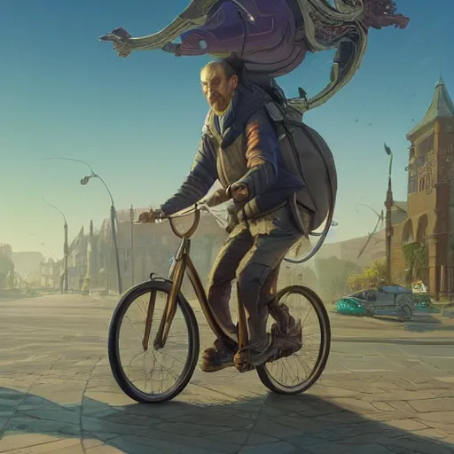 Prompt: man with receding hairline biking through beverley town centre, intricate, elegant, highly detailed, digital painting, artstation, concept art, matte, illustration, hearthstone, art by artgerm and greg rutkowski and alphonse mucha, simon stalenhag, hyperreal