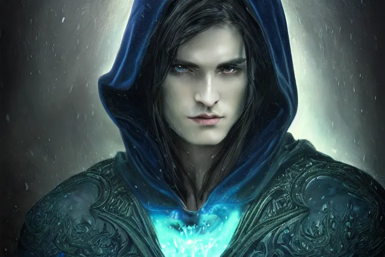 Prompt: ultrarealistic male mage face portrait fighting, long black hair blue eyes wearing leather mantle gothic navy cloak with leather details, green plants, fantasy character portrait, octane render, extreme intricate details, elegant, cinematic lighting, highly detailed, artstation, dnd art, cgsociety, sharp focus, beautiful digital painting by artgerm, gerald brom, wlop, alphonse mucha