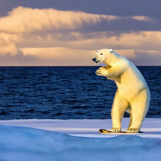 Image similar to polar bear surfing, iceberg in background, ultra realistic, award winning dslr photography, global illumination, radiant lighting