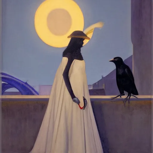 Image similar to a woman in a medieval city, a lots of crows, hyperrealistic film still by edward hopper, by gottfried helnwein, by klimt, by paolo uccello, art nouveau, highly detailed, strong lights, liminal, eerie, bright pastel colors